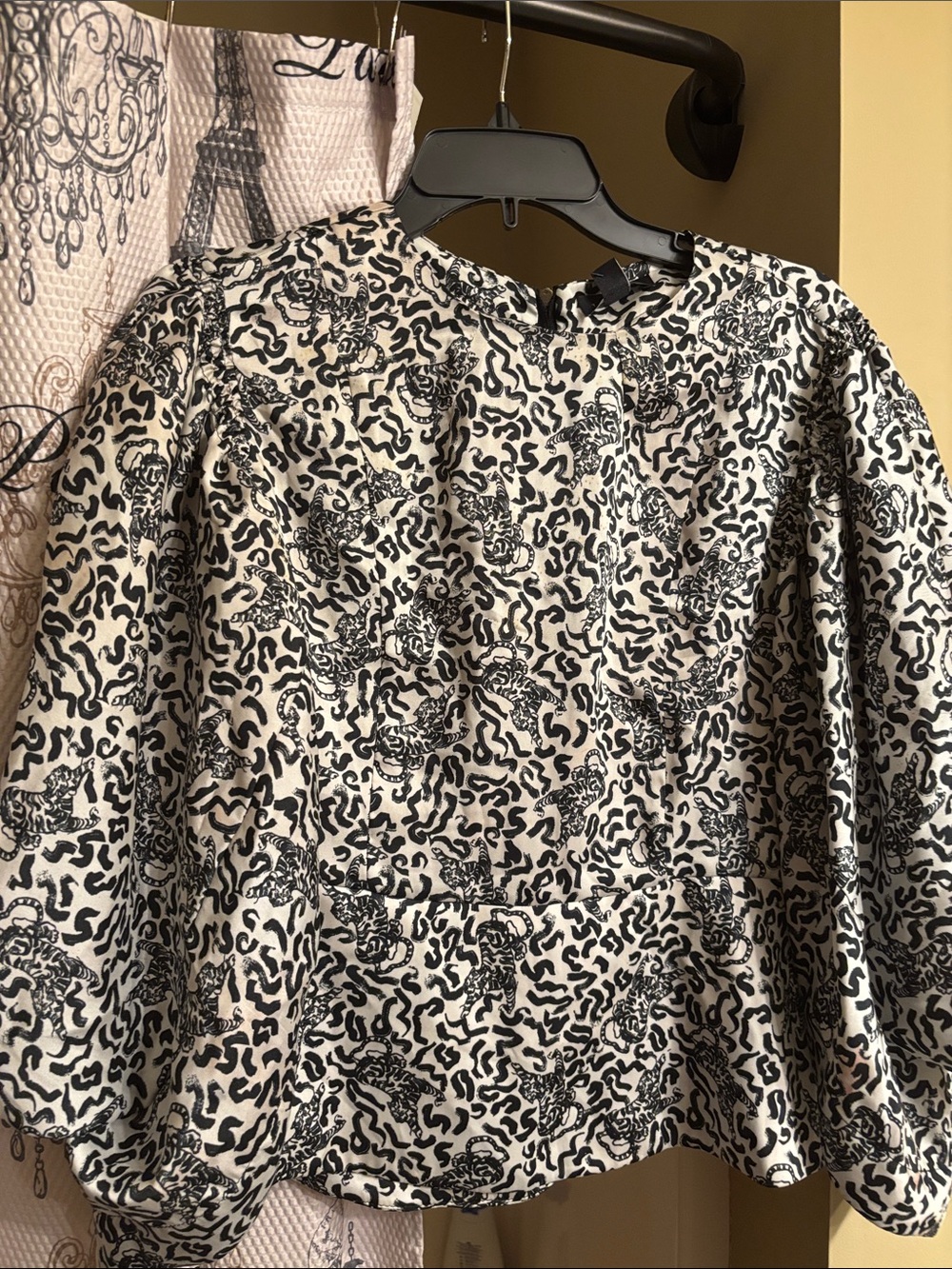 Topshop Black and White Animal-Print Bell Sleeve Blouse